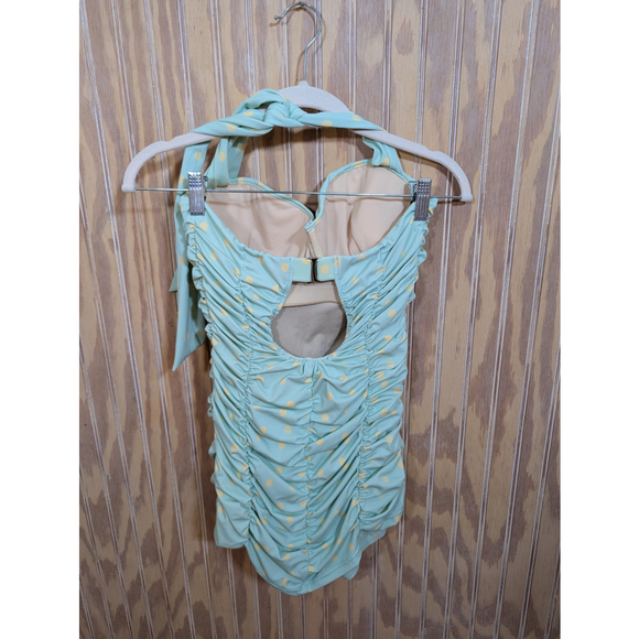 NWOT Women's Unique Vintage Swim One Piece Size L Green Yellow Polka Dot - Picture 2 of 6